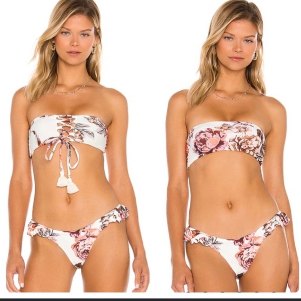 Maaji Reversible Floral Bandeau Bikini in White and Pink